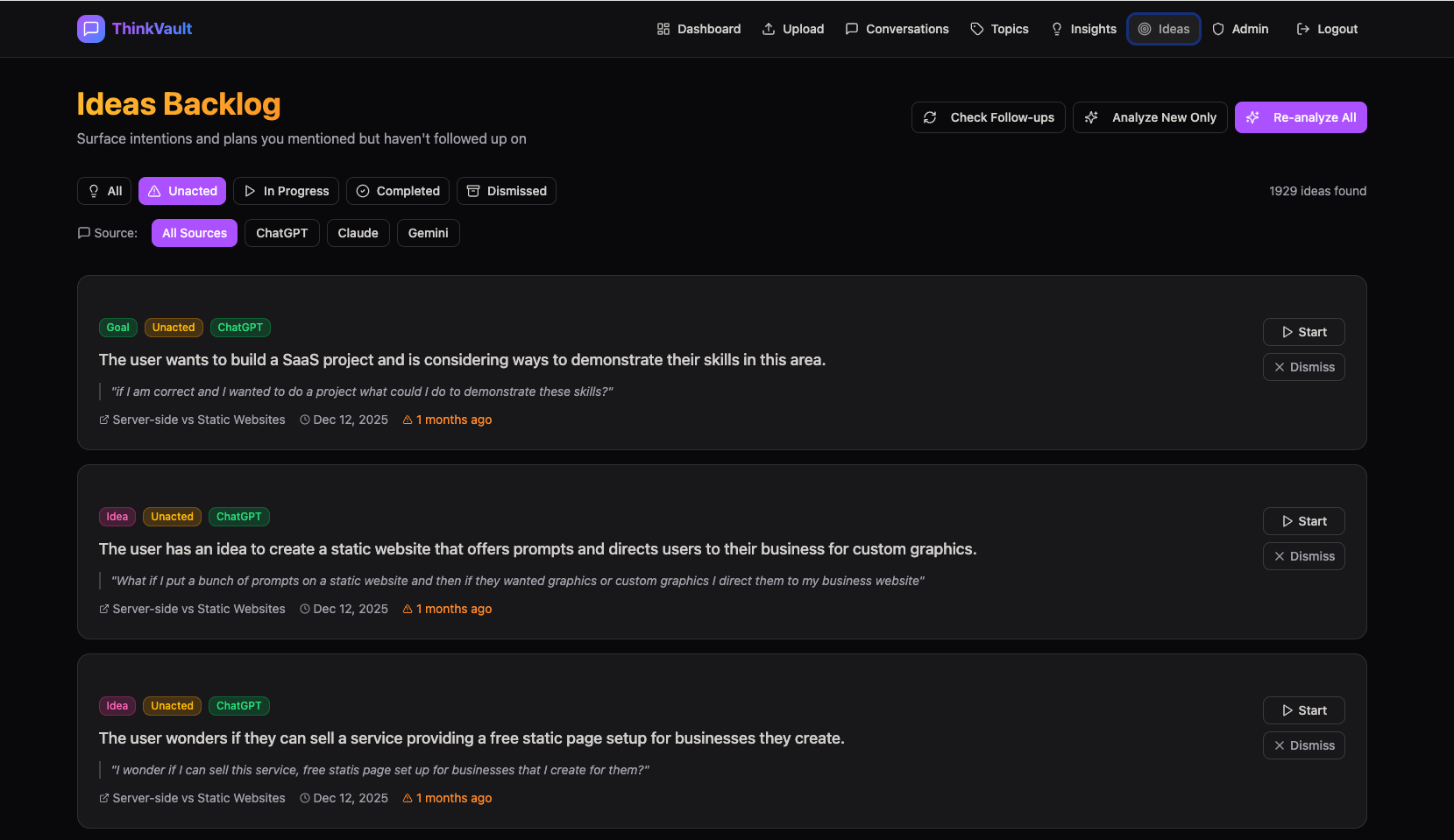 ThinkVault Ideas Backlog Interface